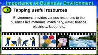 Importance of Business Environment
Importance of Business Environment
Tapping useful resources
Environment provides various resources to the
business like materials, machinery, water, finance,
electricity, labour etc.
3
 