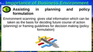 Importance of Business Environment
Importance of Business Environment
Assisting in planning and policy
formulation
Environment scanning gives vital information which can be
taken as the basis for deciding future course of action
(planning) or framing guidelines for decision making (policy
formulation)
5
 