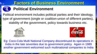 Factors of Business Environment
Factors of Business Environment
Political Environment
Political environment includes political parties and their ideology,
type of government (single or coalition-union of different parties),
stability of the government, policy towards business etc.
4
4
Eg: Coco-Cola Multi National Company discontinued its operations in
India in the late seventies due to government policy. Again in 1989
another government welcomed such multinational companies to India
 