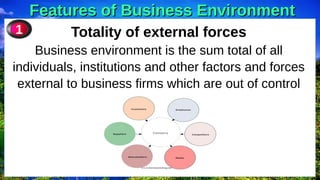 Features of Business Environment
Features of Business Environment
Totality of external forces
Business environment is the sum total of all
individuals, institutions and other factors and forces
external to business firms which are out of control
1
 
