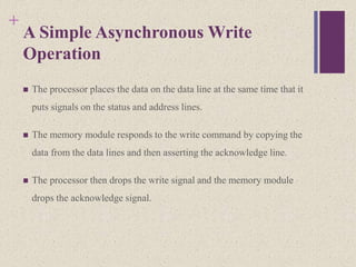 +
A Simple Asynchronous Write
Operation
 The processor places the data on the data line at the same time that it
puts signals on the status and address lines.
 The memory module responds to the write command by copying the
data from the data lines and then asserting the acknowledge line.
 The processor then drops the write signal and the memory module
drops the acknowledge signal.
 