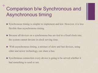 +
Comparison b/w Synchronous and
Asynchronous timing
 Synchronous timing is simpler to implement and test. However, it is less
flexible than asynchronous timing.
 Because all devices on a synchronous bus are tied to a fixed clock rate,
the system cannot deviate in clock serving time.
 With asynchronous timing, a mixture of slow and fast devices, using
older and newer technology, can share a bus.
 Synchronous connection every device is going to be served whether it
had something to send or not.
 