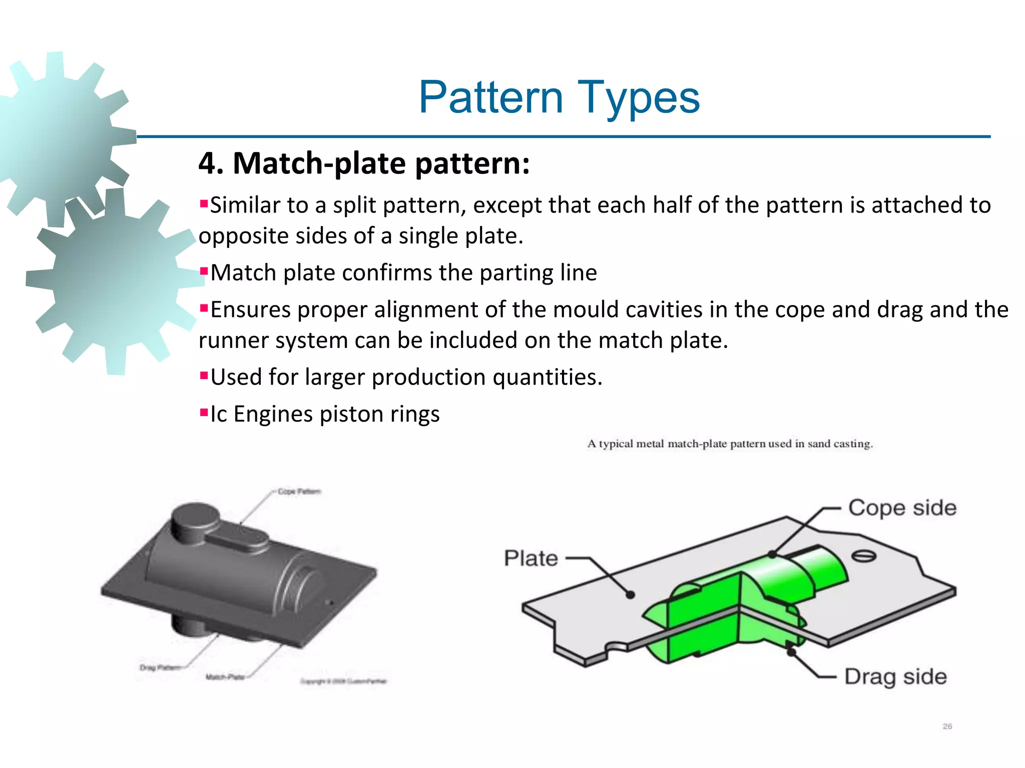 Pattern Types
4. Match-plate pattern:
Similar to a split pattern, except that each half of the pattern is attached to
opposite sides of a single plate.
Match plate confirms the parting line
Ensures proper alignment of the mould cavities in the cope and drag and the
runner system can be included on the match plate.
Used for larger production quantities.
Ic Engines piston rings
 