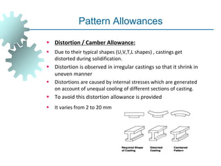 Pattern Allowances
 Distortion / Camber Allowance:
 Due to their typical shapes (U,V,T,L shapes) , castings get
distorted during solidification.
 Distortion is observed in irregular castings so that it shrink in
uneven manner
 Distortions are caused by internal stresses which are generated
on account of unequal cooling of different sections of casting.
 To avoid this distortion allowance is provided
 It varies from 2 to 20 mm
 