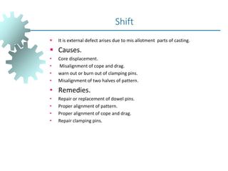  It is external defect arises due to mis allotment parts of casting.
 Causes.
• Core displacement.
• Misalignment of cope and drag.
• warn out or burn out of clamping pins.
• Misalignment of two halves of pattern.
• Remedies.
• Repair or replacement of dowel pins.
• Proper alignment of pattern.
• Proper alignment of cope and drag.
• Repair clamping pins.
Shift
 