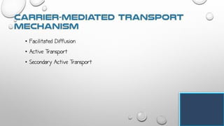 • Facilitated Diffusion
• Active Transport
• Secondary Active Transport
 