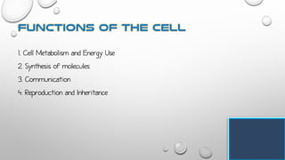 1. Cell Metabolism and Energy Use
2. Synthesis of molecules
3. Communication
4. Reproduction and Inheritance
 