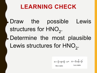 LEARNING CHECK
 Draw the possible Lewis
structures for HNO2.
 Determine the most plausible
Lewis structures for HNO2.
 