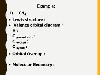 72
Example:
1) CH4
• Lewis structure :
• Valence orbital diagram ;
H :
C ground state :
C excited :
C hybrid :
• Orbital Overlap :
• Molecular Geometry :
 