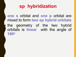 85
sp hybridization
• one s orbital and one p orbital are
mixed to form two sp hybrid orbitals
• the geometry of the two hybrid
orbitals is linear with the angle of
180o
 