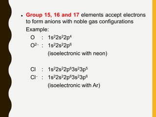  Group 15, 16 and 17 elements accept electrons
to form anions with noble gas configurations
Example:
O : 1s22s22p4
O2 : 1s22s22p6
(isoelectronic with neon)
Cl : 1s22s22p63s23p5
Cl : 1s22s22p63s23p6
(isoelectronic with Ar)
 