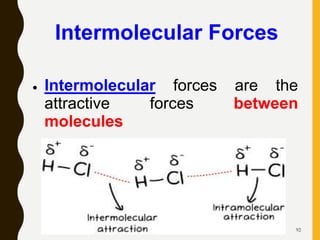 92
Intermolecular Forces
 Intermolecular forces are the
attractive forces between
molecules
 
