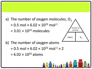 a) The number of oxygen molecules, O2
= 0.5 mol × 6.02 × 1023 mol-1
= 3.01 × 1023 molecules
b) The number of oxygen atoms
= 0.5 mol × 6.02 × 1023 mol-1 × 2
= 6.02 × 1023 atoms
Number of
particles
Moles NA
 