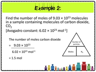Example 2:
Find the number of moles of 9.03 × 1023 molecules
in a sample containing molecules of carbon dioxide,
CO2
[Avogadro constant: 6.02 × 1023 mol-1]
The number of moles carbon dioxide
= 9.03 × 1023
6.02 × 1023 mol-1
= 1.5 mol
Number of
particles
Moles NA
 