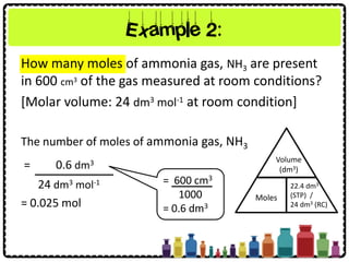 How many moles of ammonia gas, NH3 are present
in 600 cm3 of the gas measured at room conditions?
[Molar volume: 24 dm3 mol-1 at room condition]
Example 2:
Volume
(dm3)
Moles
22.4 dm3
(STP) /
24 dm3 (RC)
The number of moles of ammonia gas, NH3
= 600 cm3
1000
= 0.6 dm3
= 0.6 dm3
24 dm3 mol-1
= 0.025 mol
 