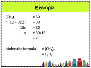 Example:
(CH3)n = 30
n [12 + 3(1) ] = 30
15n = 30
n = 30/15
= 2
Molecular formula = (CH3)2
= C2H6
 