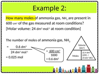 How many moles of ammonia gas, NH3 are present in
600 cm3
of the gas measured at room conditions?
[Molar volume: 24 dm3
mol-1
at room condition]
Example 2:
Volume
(dm3
)
Moles
22.4 dm3
(STP) /
24 dm3
(RC)
The number of moles of ammonia gas, NH3
= 600 cm3
1000
= 0.6 dm3
= 0.6 dm3
24 dm3
mol-1
= 0.025 mol
 