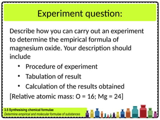 Experiment question:
Describe how you can carry out an experiment
to determine the empirical formula of
magnesium oxide. Your description should
include
• Procedure of experiment
• Tabulation of result
• Calculation of the results obtained
[Relative atomic mass: O = 16; Mg = 24]
3.5 Synthesising chemical formulae
Determine empirical and molecular formulae of substances
 