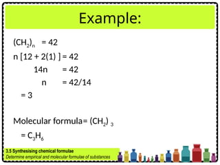 Example:
(CH2)n = 42
n [12 + 2(1) ] = 42
14n = 42
n = 42/14
= 3
Molecular formula= (CH2) 3
= C3H6
3.5 Synthesising chemical formulae
Determine empirical and molecular formulae of substances
 