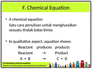 F. Chemical Equation
• A chemical equation
Satu cara penulisan untuk menghuraikan
sesuatu tindak balas kimia
• In qualitative aspect, equation shows:
Reactant produces products
Reactant → Product
A + B → C + D
3.6 Interpreting chemical equations
Interpret chemical equations quantitatively and qualitatively
 