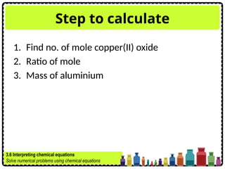Step to calculate
1. Find no. of mole copper(II) oxide
2. Ratio of mole
3. Mass of aluminium
3.6 Interpreting chemical equations
Solve numerical problems using chemical equations
 