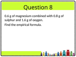 Question 8
0.6 g of magnesium combined with 0.8 g of
sulphur and 1.6 g of oxygen.
Find the empirical formula.
 