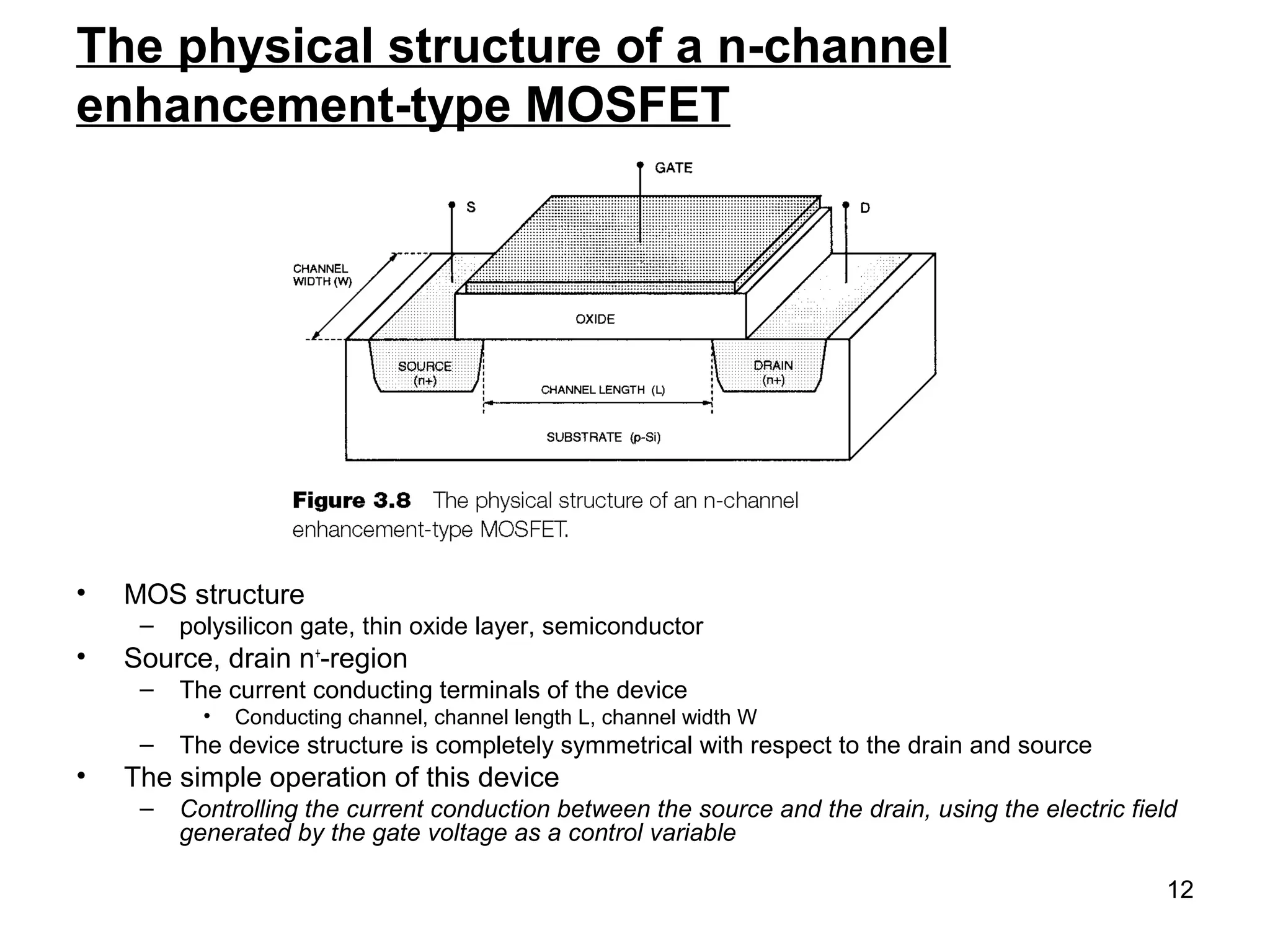 12
The physical structure of a n-channel
enhancement-type MOSFET
• MOS structure
– polysilicon gate, thin oxide layer, semiconductor
• Source, drain n+
-region
– The current conducting terminals of the device
• Conducting channel, channel length L, channel width W
– The device structure is completely symmetrical with respect to the drain and source
• The simple operation of this device
– Controlling the current conduction between the source and the drain, using the electric field
generated by the gate voltage as a control variable
 