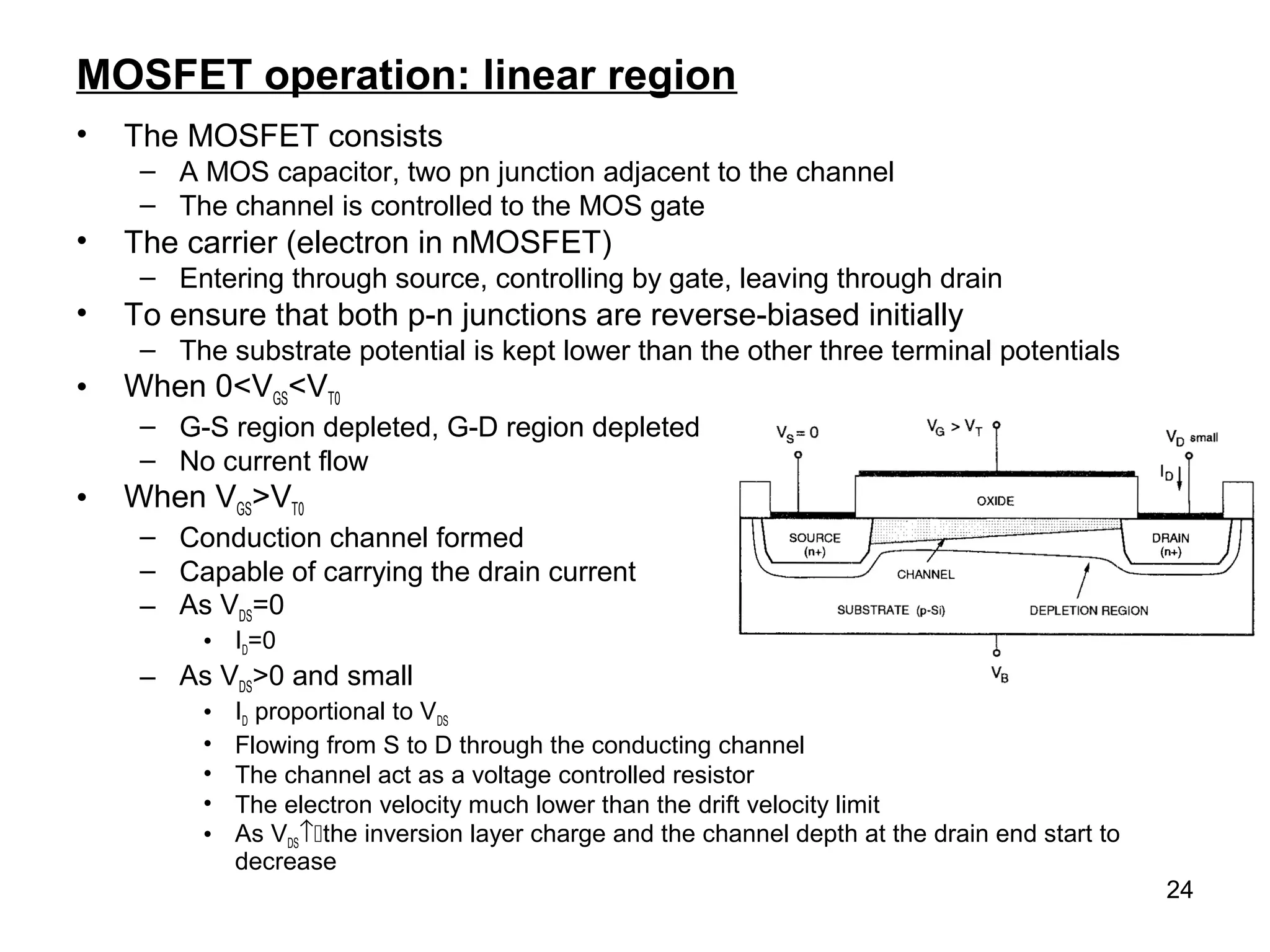 24
MOSFET operation: linear region
• The MOSFET consists
– A MOS capacitor, two pn junction adjacent to the channel
– The channel is controlled to the MOS gate
• The carrier (electron in nMOSFET)
– Entering through source, controlling by gate, leaving through drain
• To ensure that both p-n junctions are reverse-biased initially
– The substrate potential is kept lower than the other three terminal potentials
• When 0<VGS<VT0
– G-S region depleted, G-D region depleted
– No current flow
• When VGS>VT0
– Conduction channel formed
– Capable of carrying the drain current
– As VDS=0
• ID=0
– As VDS>0 and small
• ID proportional to VDS
• Flowing from S to D through the conducting channel
• The channel act as a voltage controlled resistor
• The electron velocity much lower than the drift velocity limit
• As VDS↑the inversion layer charge and the channel depth at the drain end start to
decrease
 