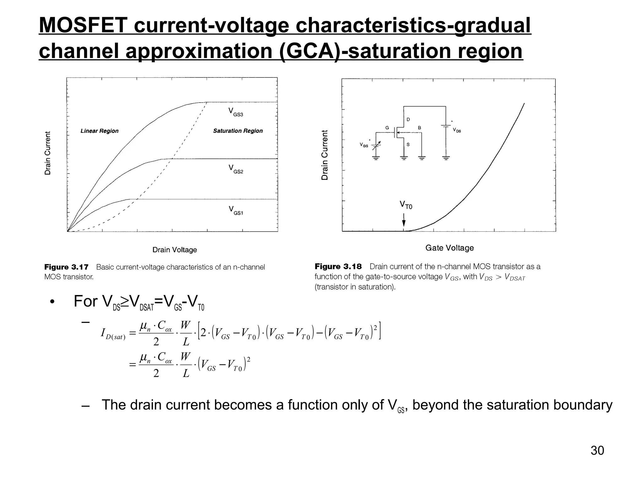 30
MOSFET current-voltage characteristics-gradual
channel approximation (GCA)-saturation region
• For VDS≥VDSAT=VGS-VT0
–
– The drain current becomes a function only of VGS, beyond the saturation boundary
( ) ( ) ( )[ ]
( )2
0
2
000)(
2
2
2
TGS
oxn
TGSTGSTGS
oxn
satD
VV
L
WC
VVVVVV
L
WC
I
−⋅⋅
⋅
=
−−−⋅−⋅⋅⋅
⋅
=
µ
µ
 