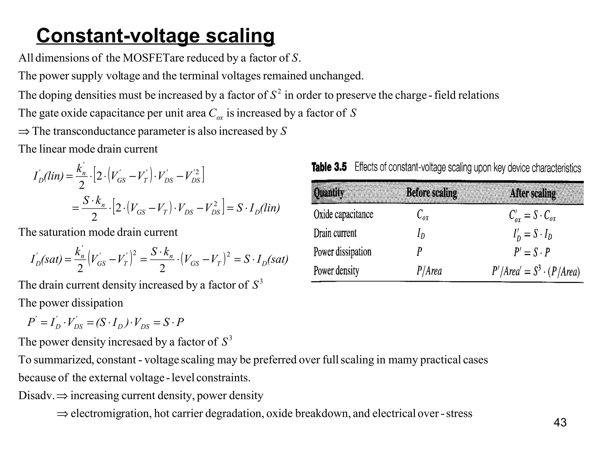 43
Constant-voltage scaling
( )[ ]
( )[ ]
( ) ( )
stress-overelectricalandbreakdown,oxiden,degradatiocarrierhotration,electromig
densitypowerdensity,currentincreasingDisadv.
s.constraintlevel-voltageexternaltheofbecause
casespracticalmamyinscalingfulloverpreferredbemayscalingvoltage-constant,summarizedTo
offactorabyincresaeddensitypowerThe
ndissipatiopowerThe
offactorabyincreaseddensitycurrentdrainThe
22
currentdrainmodesaturationThe
2
2
2
2
currentdrainmodelinearThe
byincreasedalsoisparameteructancetranscondThe
offactorabyincreasedisareaunitperecapacitancoxidegateThe
relationsfield-chargethepreserveorder toinoffactorabyincreasedbemustdensitiesdopingThe
unchanged.remainedvoltagesterminaltheandtagesupply volpowerThe
.offactorabyreducedMOSFETaretheofdimensionsAll
3
3
22
2
2
2
⇒
⇒
⋅=⋅⋅=⋅=
⋅=−⋅
⋅
=−=
⋅=−⋅−⋅⋅
⋅
=
−⋅−⋅⋅=
⇒
S
PSV)I(SVIP
S
(sat)ISVV
kS
VV
k
(sat)I
(lin)ISVVVV
kS
VVVV
k
(lin)I
S
SC
S
S
DSD
'
DS
'
D
'
DTGS
n'
T
'
GS
'
n'
D
DDSDSTGS
n
'
DS
'
DS
'
T
'
GS
'
n'
D
ox
 