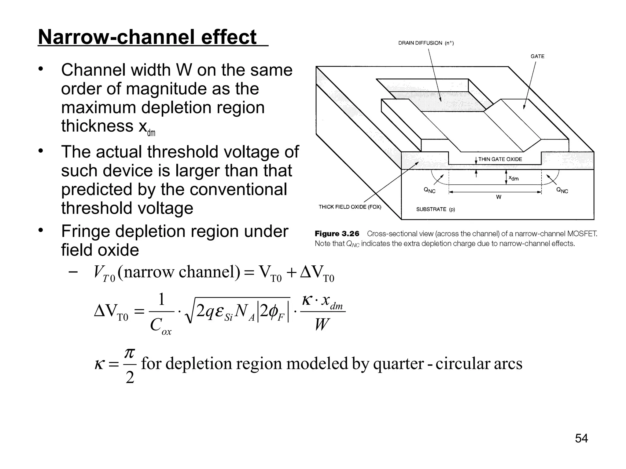 54
Narrow-channel effect
• Channel width W on the same
order of magnitude as the
maximum depletion region
thickness xdm
• The actual threshold voltage of
such device is larger than that
predicted by the conventional
threshold voltage
• Fringe depletion region under
field oxide
–
arcscircular-quarterbymodeledregiondepletionfor
2
22
1
V
VVchannel)narrow(
T0
T0T00
π
κ
κ
φε
=
⋅
⋅⋅=∆
∆+=
W
x
Nq
C
V
dm
FASi
ox
T
 