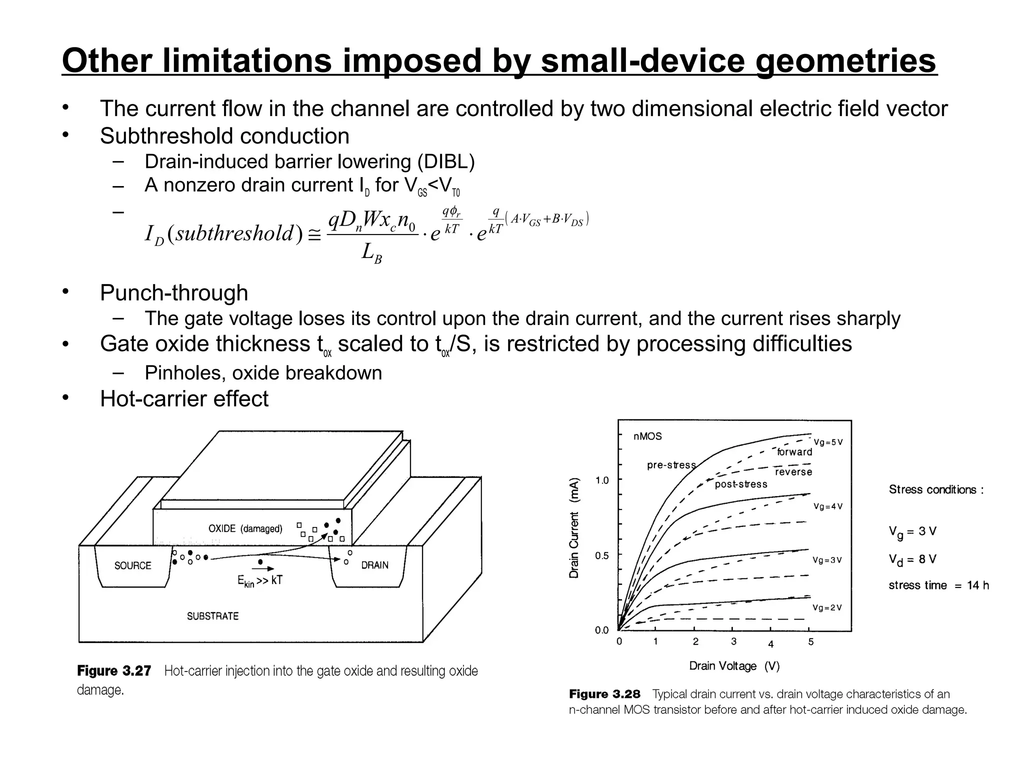 55
Other limitations imposed by small-device geometries
• The current flow in the channel are controlled by two dimensional electric field vector
• Subthreshold conduction
– Drain-induced barrier lowering (DIBL)
– A nonzero drain current ID for VGS<VT0
–
• Punch-through
– The gate voltage loses its control upon the drain current, and the current rises sharply
• Gate oxide thickness tox scaled to tox/S, is restricted by processing difficulties
– Pinholes, oxide breakdown
• Hot-carrier effect
( )DSGS
r
VBVA
kT
q
kT
q
B
cn
D ee
L
nWxqD
ldsubthreshoI
⋅+⋅
⋅⋅≅
φ
0
)(
 