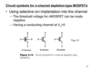 21
Circuit symbols for n-channel depletion-type MOSFETs
• Using selective ion implantation into the channel
– The threshold voltage for nMOSFET can be made
negative
– Having a conducting channel at VGS=0
 