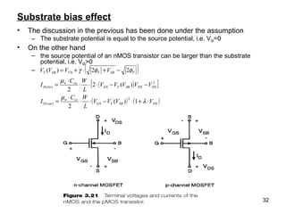 32
Substrate bias effect
• The discussion in the previous has been done under the assumption
– The substrate potential is equal to the source potential, i.e. VSB=0
• On the other hand
– the source potential of an nMOS transistor can be larger than the substrate
potential, i.e. VSB>0
– ( )
( )[ ]
( ) ( )DSSBTGS
oxn
satD
DSDSSBTGS
oxn
linD
FSBFTSBT
VVVV
L
WC
I
VVVVV
L
WC
I
VVVV
⋅+⋅−⋅⋅
⋅
=
−−⋅⋅⋅
⋅
=
−+⋅+=
λ
µ
µ
φφγ
1)(
2
)(2
2
22)(
2
)(
2
)(
0
 