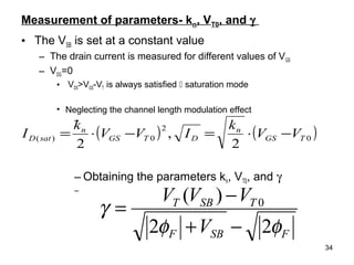 34
Measurement of parameters- kn, VT0, and γ
• The VSB is set at a constant value
– The drain current is measured for different values of VGS
– VDG=0
• VDS>VGS-VT is always satisfied  saturation mode
• Neglecting the channel length modulation effect
–
– Obtaining the parameters kn, VT0, and γ
–
( ) ( )0
2
0)(
2
,
2
TGS
n
DTGS
n
satD VV
k
IVV
k
I −⋅=−⋅=
FSBF
TSBT
V
VVV
φφ
γ
22
)( 0
−+
−
=
 