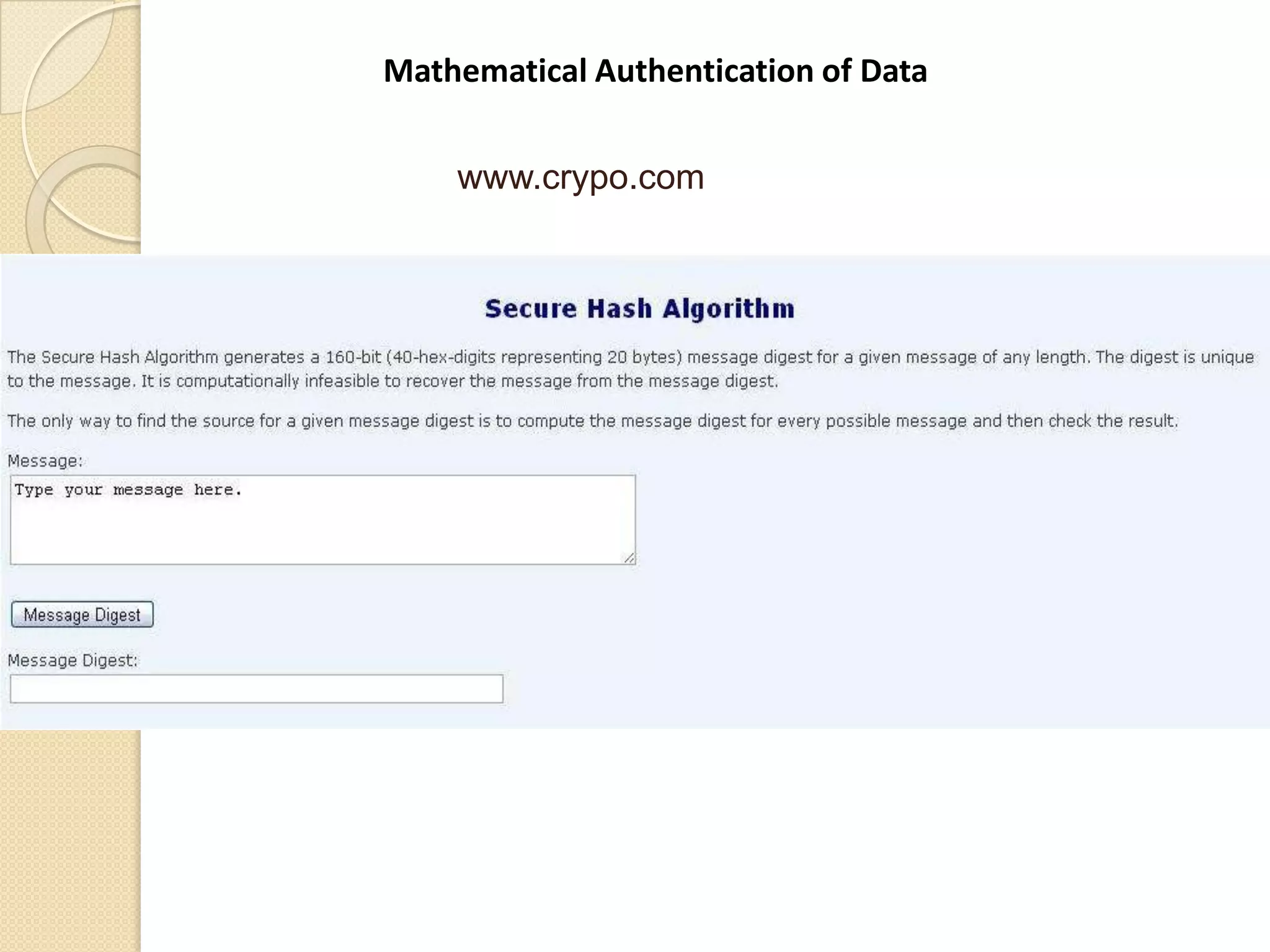 Mathematical Authentication of Data


    www.crypo.com
 