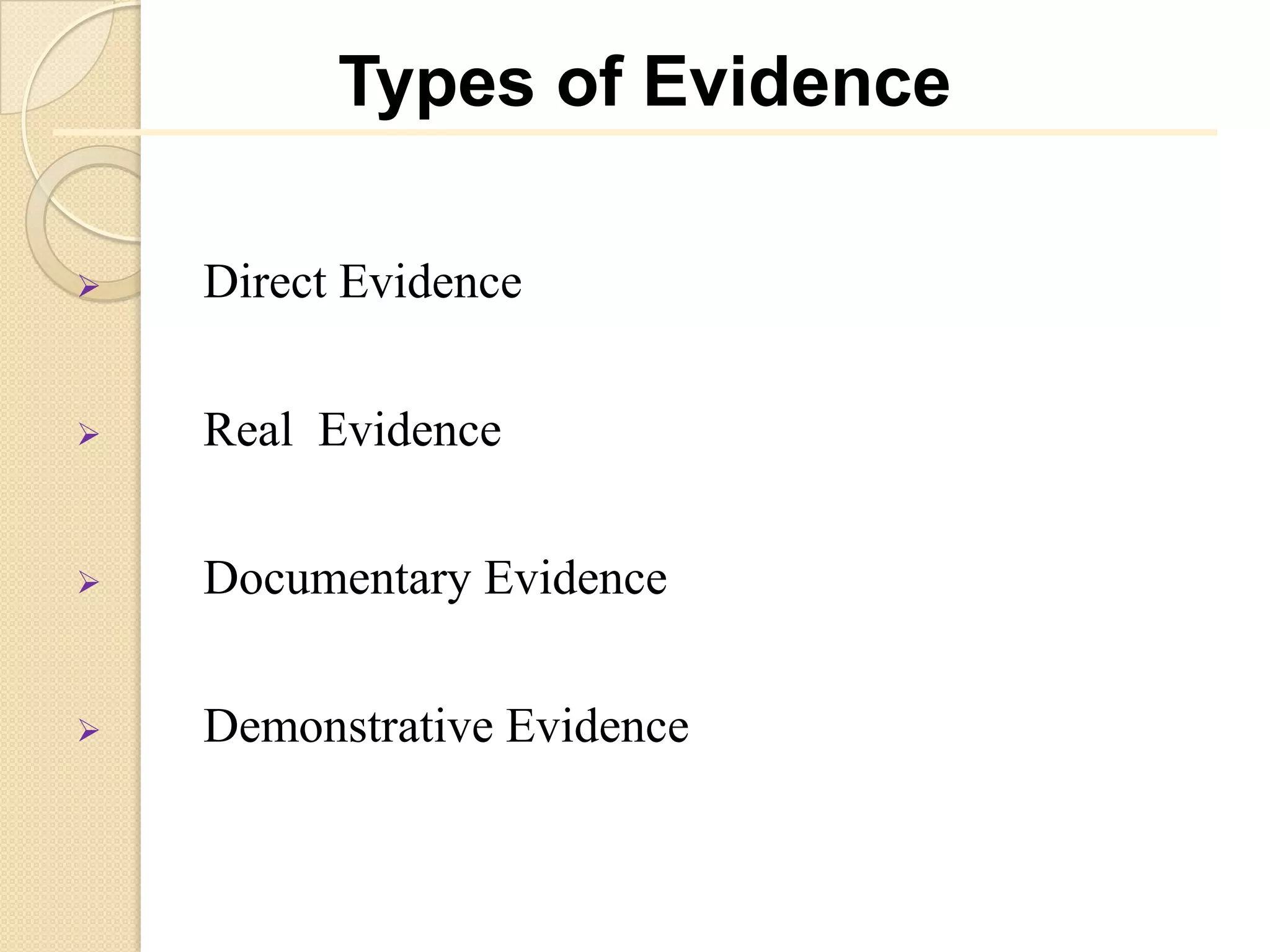 Types of Evidence

   Direct Evidence


   Real Evidence


   Documentary Evidence


   Demonstrative Evidence
 