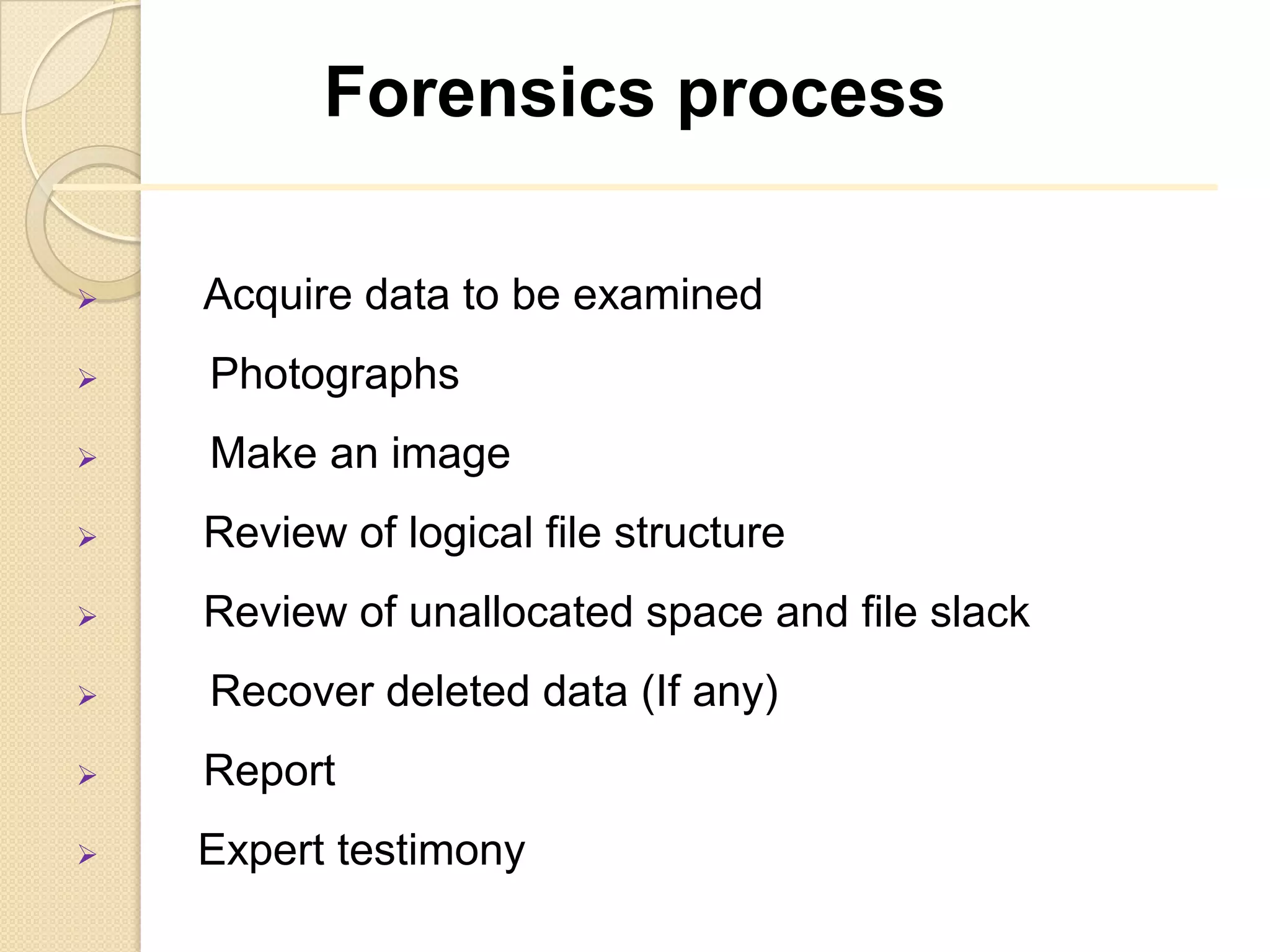 Forensics process

   Acquire data to be examined
   Photographs
   Make an image
   Review of logical file structure
   Review of unallocated space and file slack
   Recover deleted data (If any)
   Report
   Expert testimony
 