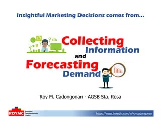 Forecasting
Information
Collecting
Demand
Roy M. Cadongonan - AGSB Sta. Rosa
Insightful Marketing Decisions comes from…
and
https://www.linkedin.com/in/roycadongonan
 