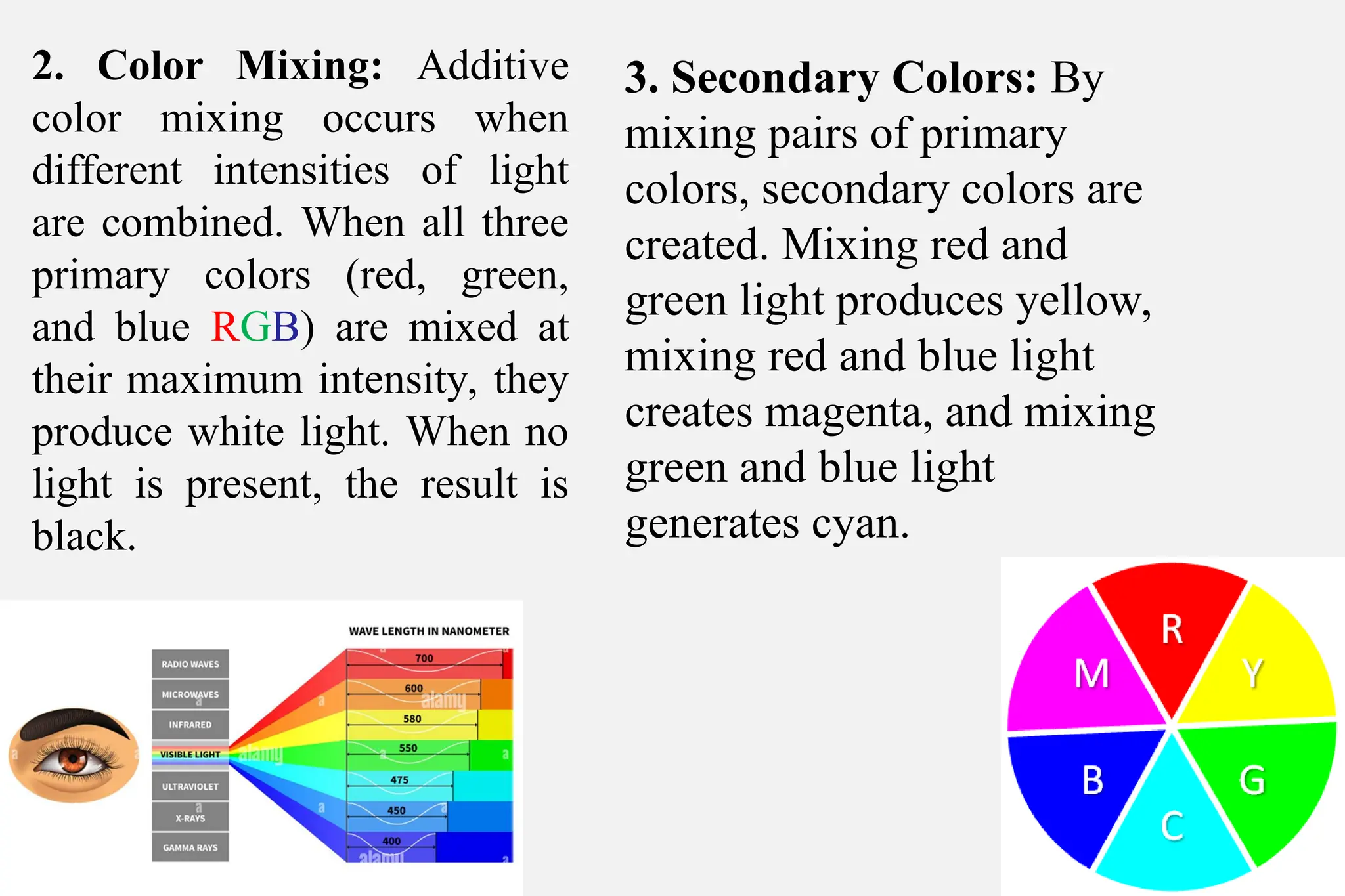 2. Color Mixing: Additive
color mixing occurs when
different intensities of light
are combined. When all three
primary colors (red, green,
and blue RGB) are mixed at
their maximum intensity, they
produce white light. When no
light is present, the result is
black.
3. Secondary Colors: By
mixing pairs of primary
colors, secondary colors are
created. Mixing red and
green light produces yellow,
mixing red and blue light
creates magenta, and mixing
green and blue light
generates cyan.
 