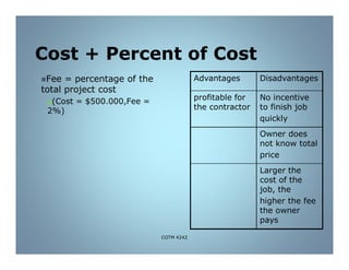 Cost + Percent of Cost
Fee = percentage of the
total project cost
(Cost = $500.000,Fee =
2%)
Advantages Disadvantages
profitable for
the contractor
No incentive
to finish job
quickly
Owner does
not know total
price
Larger the
cost of the
job, the
higher the fee
the owner
pays
COTM 4242
 