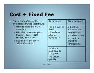 Cost + Fixed Fee
 Fee = percentage of the
original estimated total figure
 Utilized on large multi-
year jobs
 Ex: WW treatment plant
Facility (Cost = $20
million, Fee = 1%)
 $20 Million 1% fee =
$200,000 Million
Advantages Disadvantages
Fee amount is
fixed
regardless
of price
fluctuation
Expensive
materials and
construction
techniques may
be used to
expedite
construction
Provides
incentive to
complete
the project
quickly
COTM 4242
 