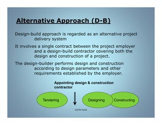 B)-Alternative Approach (D
Design-build approach is regarded as an alternative project
delivery system
It involves a single contract between the project employer
and a design-build contractor covering both the
design and construction of a project.
The design-builder performs design and construction
according to design parameters and other
requirements established by the employer.
ConstructingDesigning
Appointing design & construction
contractor
Tendering
COTM 4242
 