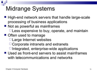 Chapter 3 Computer Hardware 13
Midrange Systems
 High-end network servers that handle large-scale
processing of business applications
 Not as powerful as mainframes
Less expensive to buy, operate, and maintain
 Often used to manage
Large Internet websites
Corporate intranets and extranets
Integrated, enterprise-wide applications
 Used as front-end servers to assist mainframes
with telecommunications and networks
 