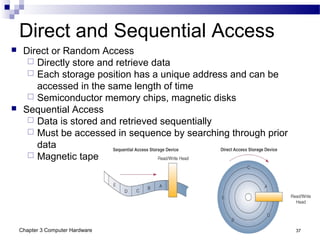 Chapter 3 Computer Hardware 37
Direct and Sequential Access
 Direct or Random Access
 Directly store and retrieve data
 Each storage position has a unique address and can be
accessed in the same length of time
 Semiconductor memory chips, magnetic disks
 Sequential Access
 Data is stored and retrieved sequentially
 Must be accessed in sequence by searching through prior
data
 Magnetic tape
 
