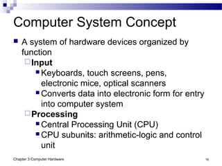 Chapter 3 Computer Hardware 16
Computer System Concept
 A system of hardware devices organized by
function
Input
 Keyboards, touch screens, pens,
electronic mice, optical scanners
 Converts data into electronic form for entry
into computer system
Processing
 Central Processing Unit (CPU)
 CPU subunits: arithmetic-logic and control
unit
 