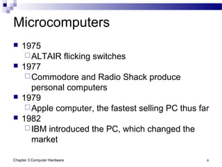Chapter 3 Computer Hardware 6
Microcomputers
 1975
ALTAIR flicking switches
 1977
Commodore and Radio Shack produce
personal computers
 1979
Apple computer, the fastest selling PC thus far
 1982
IBM introduced the PC, which changed the
market
 