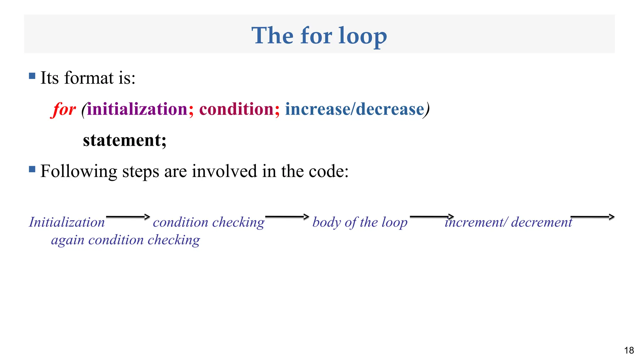 The for loop
 Its format is:
for (initialization; condition; increase/decrease)
statement;
 Following steps are involved in the code:
Initialization condition checking body of the loop increment/ decrement
again condition checking
18
 