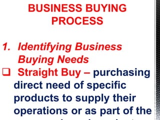 BUSINESS BUYING
PROCESS
1. Identifying Business
Buying Needs
 Straight Buy – purchasing
direct need of specific
products to supply their
operations or as part of the
 