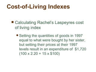 Cost-of-Living Indexes
Calculating Rachel’s Laspeyres cost
of living index
Setting the quantities of goods in 1997
equal to what were bought by her sister,
but setting their prices at their 1997
levels result in an expenditure of $1,720
(100 x 2.20 + 15 x $100)